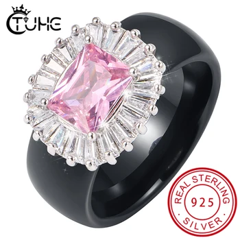 

S925 Sterl Silver Classic Engagement Ring Brand Design AAA White Cubic Zircon Female Women Wedding Healthy Ceramic Band CZ Rings