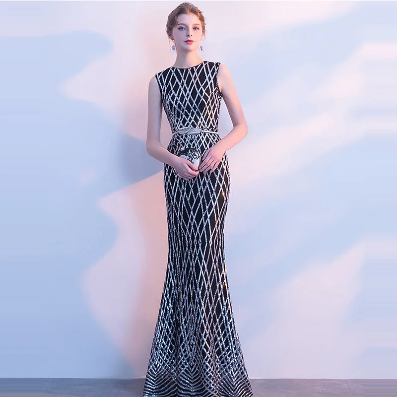 

Evening Dress Elegant Sequin Robe De Soiree 2019 Fashion Floor Length Women Party Dresses O-neck Sleeveless Evening Gowns F189
