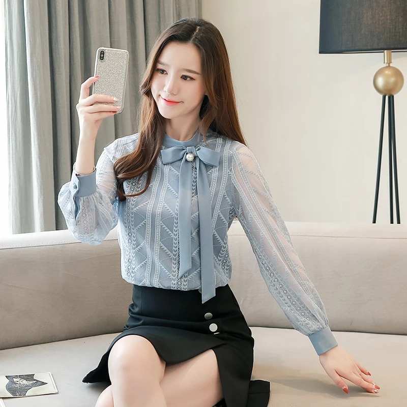 Новые осенние кружевные шифоновые тонкие женские рубашки Blusas Mujer De Moda, однотонные милые женские блузки с длинным рукавом и бантом размера плюс 6646 50