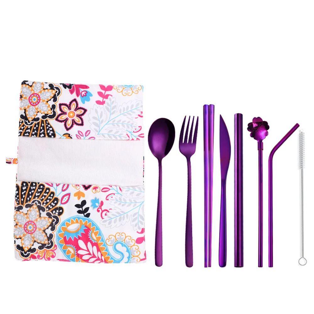 9 шт. портативный набор столовых приборов многоразовая нержавеющая сталь Вилка Нож для ложки и палочек Цветочная солома с чистящей щеткой и сумкой для хранения - Color: Purple