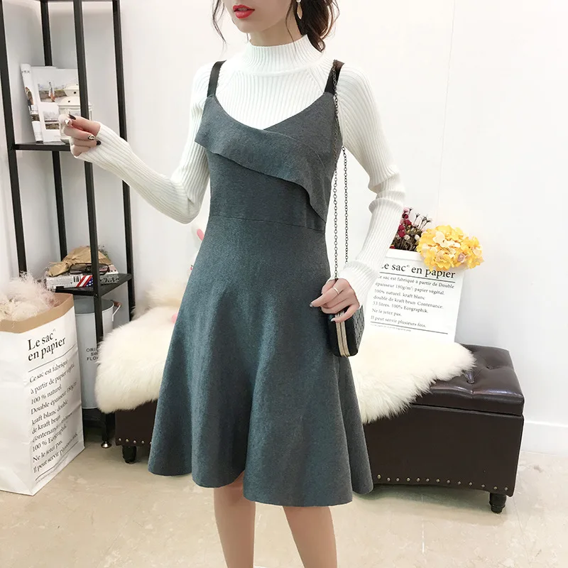 V-образный вырез вязаный длинный абзац из двух частей женский корейский весна кутюр свитер жилет юбка костюм без рукавов Свободный жилет вязаное платье - Цвет: Vest skirt Gray