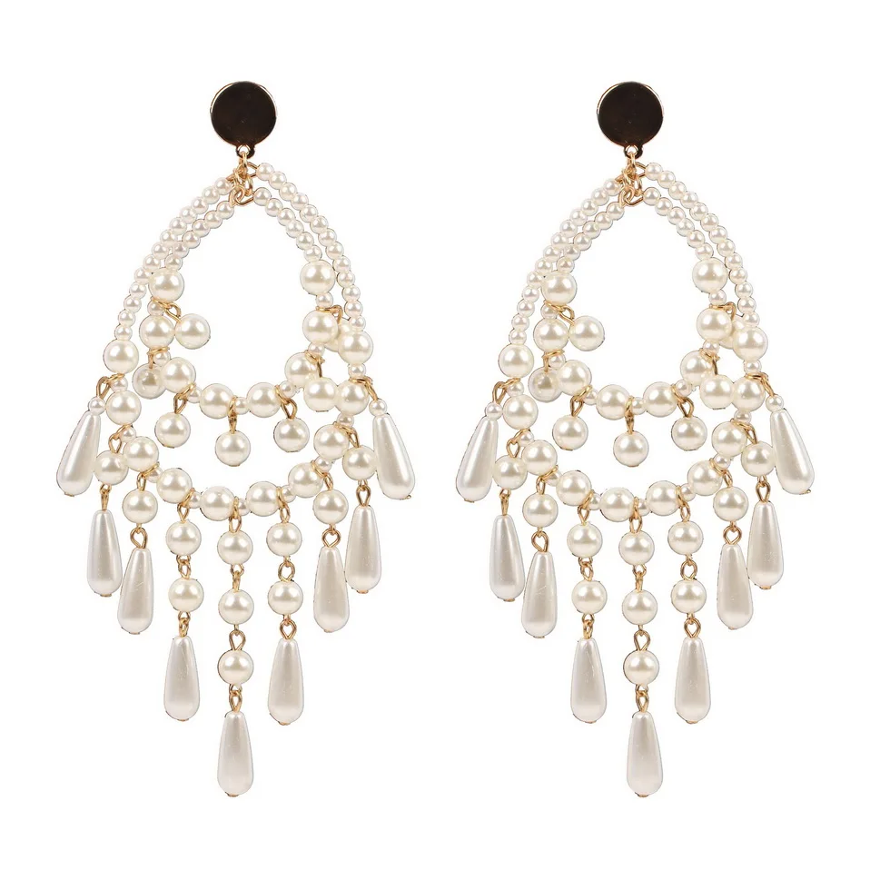 

Big Size Long White Teardrop Bead Simulated Pearl Dangle Earrings Women Florate Brand Gold Color Metal Statement Drop Earrings