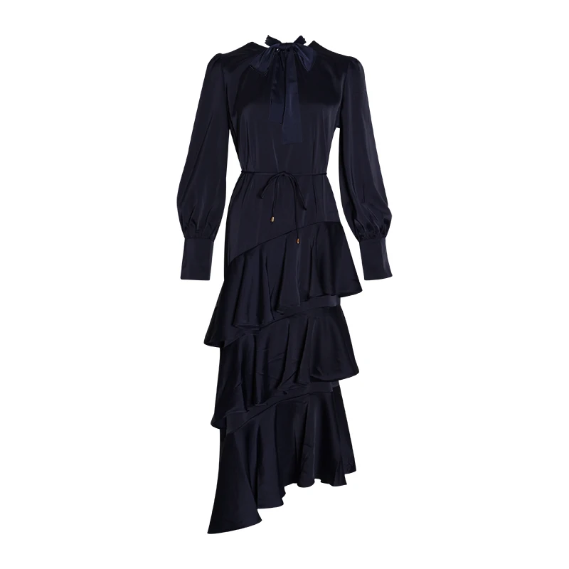 SISPELL винтажное кружевное платье с бантом и рюшами, женские платья с круглым вырезом и рукавами-фонариками, с высокой талией, большие размеры, асимметричное женское платье - Цвет: navy
