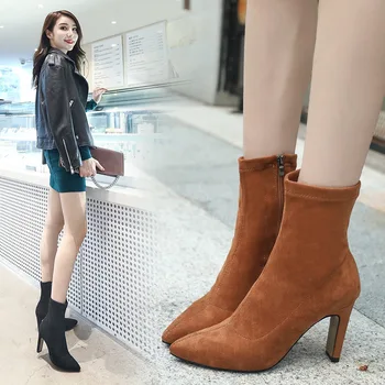 

Brand spring and autumn pointed bare boots suede fine with temperament was thin high heel side zipper in the tube Martin boots