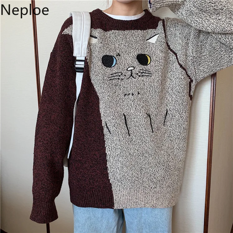 Neploe, Женский пуловер с рисунком кота, свитер с длинным рукавом, корейский, негабаритный, для женщин,, осень, зима, вязаный Топ, джемпер, 56638