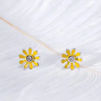 

Sun Flower nature Cubic Zirconia Stud Earrings For Women Real 925 Sterling Silver Drop glaze Earings Fashion Jewelry 925-422