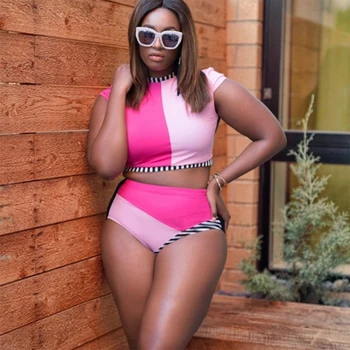 

Neon Swimsuit Patwork Plus Size Swimwear High Waisted Bathing Suits High Neck Swimsuit Short Sleeve Summer Swimming Sbort Bikini