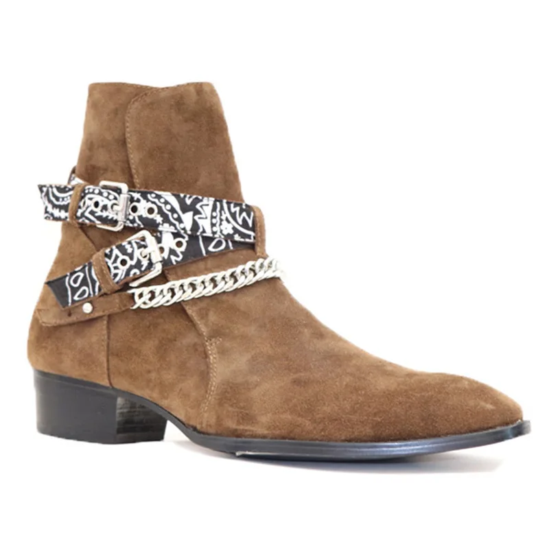 

Chelsea Boots Men Genuine Suede Leather British Style Pointed Toe Buckle Ankle Boots Designer Casual Chains Party Boots Big Size