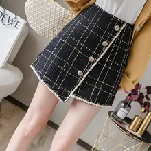 Новинка, осенне-зимняя мини твидовая юбка, женская сексуальная клетчатая юбка, женская модная Корейская Асимметричная юбка с высокой талией