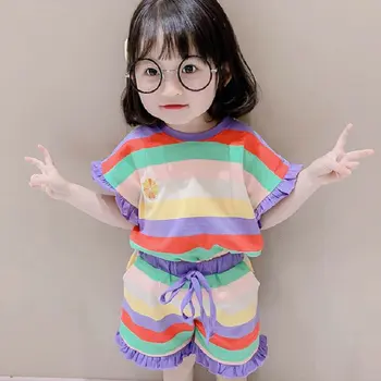 

Mihkalev Children Summer Clothes Set Short Sleeve Striped Tshirt+Shorts 2pieces Girls Outfits Kids Sport Suit Costume