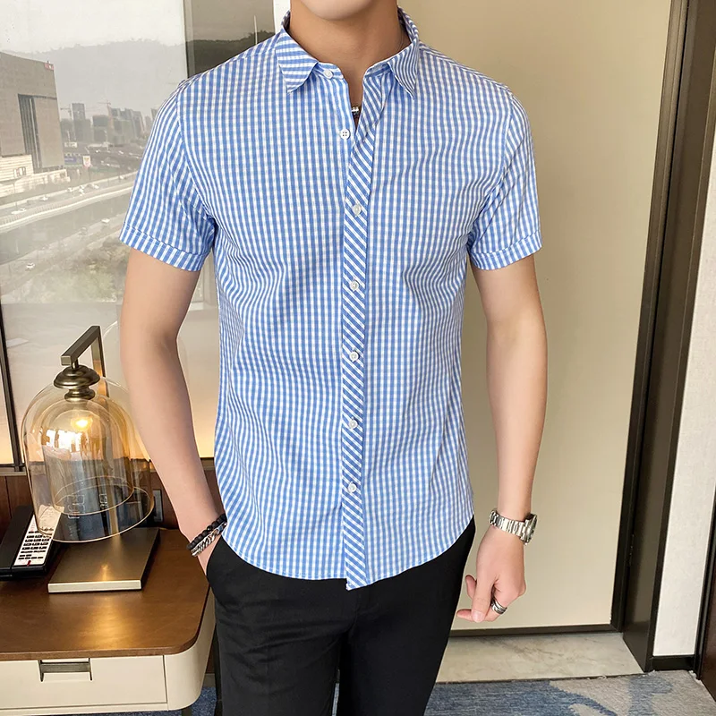 

Men's Plaid Checked Shirt Summer High Quality Short Sleeve Slim Fit Men Breathable Business Casual Shirt Camisa Masculina 4XL