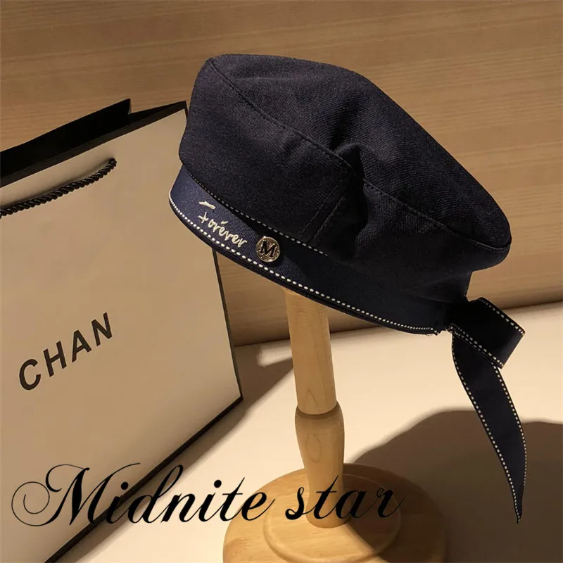 

Midnite star Autumn Winter Woman Hat Ribbon Bow Beret Letter Embroidery Winter Hats Vintage Male Beret French Hat Navy Cap