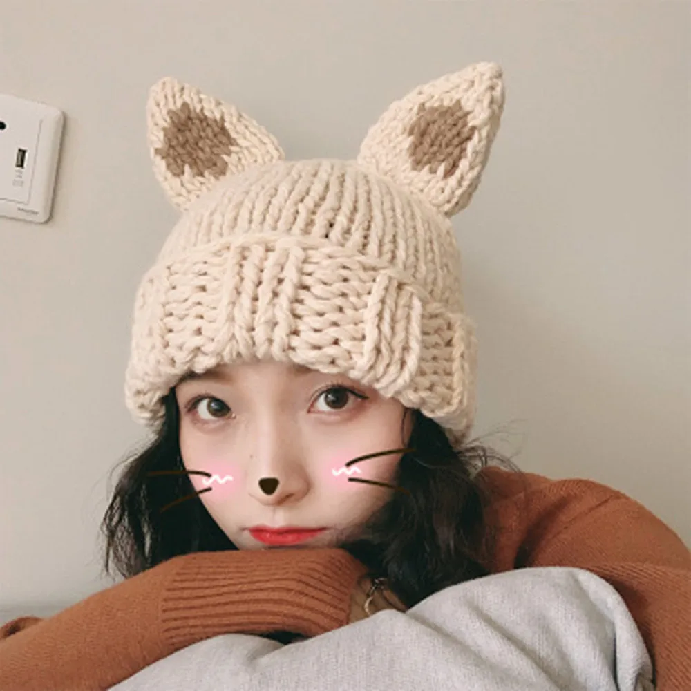 

Ladies' Autumn And Winter Korean Version Of The Wild Warm Cat Ears Knitted Hat Thick Warmth Knitted Wool Cap New Arrival