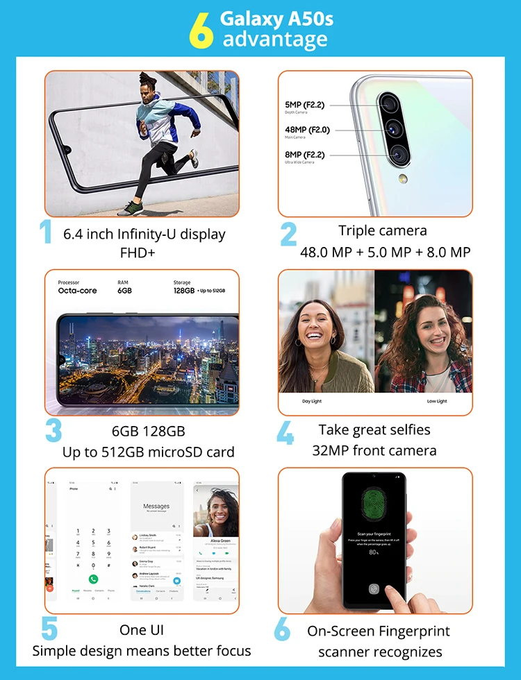 Samsung A50s 6," Super AMOLED 4x zoom Поддержка NFC Google Playstore 6G 128G 2340*1080 4 камеры 48MP 4000mAh отпечаток пальца ID