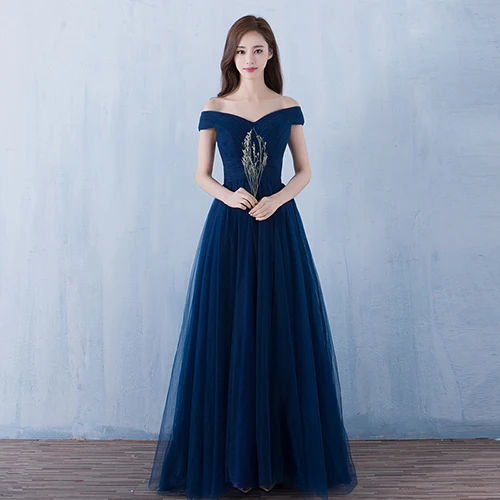 navy blue Vestido de noche Тюль A Line длинное вечернее платье для выпускного вечера вечерние платья без рукавов - Цвет: navy blue