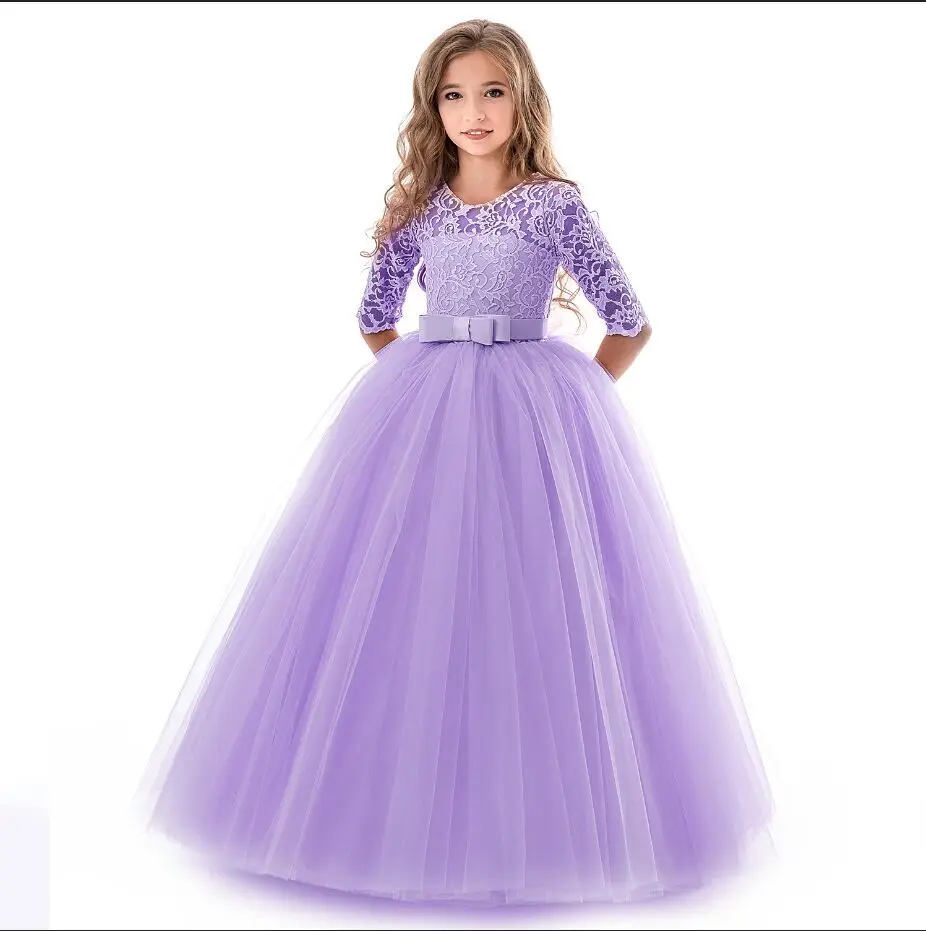 Летнее кружевное платье для девочек; Длинные вечерние платья из тюля для девочек-подростков; элегантная детская одежда; Детские платья для девочек; свадебное платье принцессы - Цвет: Purple
