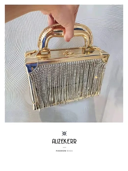

Diamonds Tassel Clear Box Handbag Women Luxury Designer Transparent PVC Gold Shoulder Bag Ladies Rhinestone Small Square Bag New