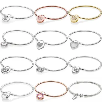 

100% 925 Sterling Silver Pave Love Heart Lock Your Promise Signature Padlock Bracelet Fit Pandora Bead Charm Trendy Diy Jewelry
