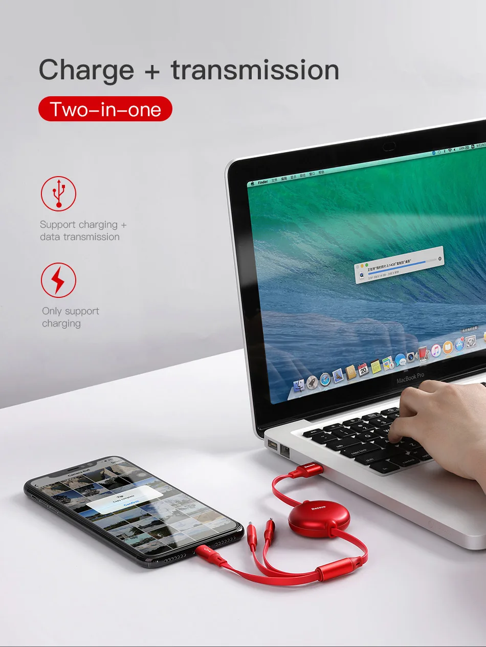 Baseus câble Micro USB/type-c rétractable 3 en 1 pour recharge rapide multiple-1