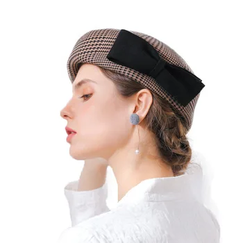 

French Artist Beret Hat For Women Female Winter Fashion Wool Thick Plaid Berets with Bowknot Vintage Party Hat M62