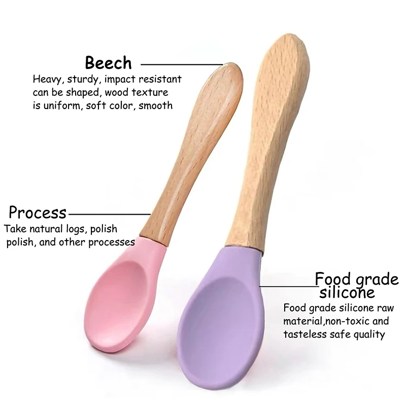 Baby Wooden Spoon Silicone Wooden Baby Feeding Spoon Organic Soft Tip BPA Free Food Grade Handle Toddlers Gifts silicone feeding spoon baby cutlery