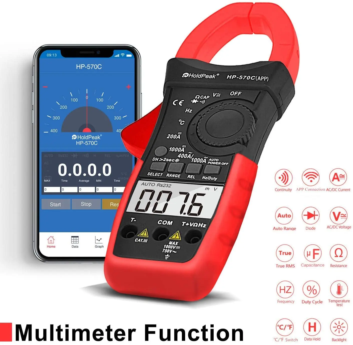 

HP-570C-APP Digital Clamp Multimeter Connect with APP via Bluetooth, Amp Ohm Tester,4000 Counts AC/DC Voltage AC/DC Current