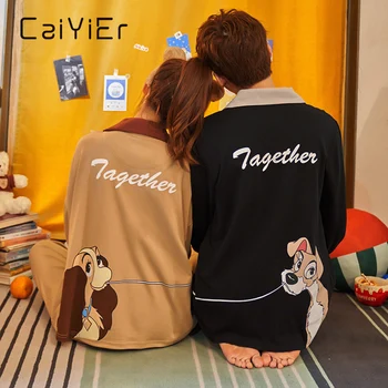 

CAIYIER 2020 Couple Pajamas Set Winter Cute Dog Print Nightwear Thick Long Sleeve Long Pants Cotton Sleepwear Couple Nightsuits