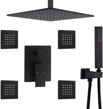 

16 Inch Square Ceiling Rainfall Shower System With 4 PCS Body Jets Mixer Set,Matte Black Finish