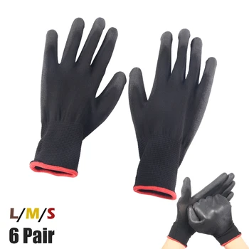 

6 Pairs Black Nylon PU Safety Work Gloves Builders Grip For Palm Coating Gloves