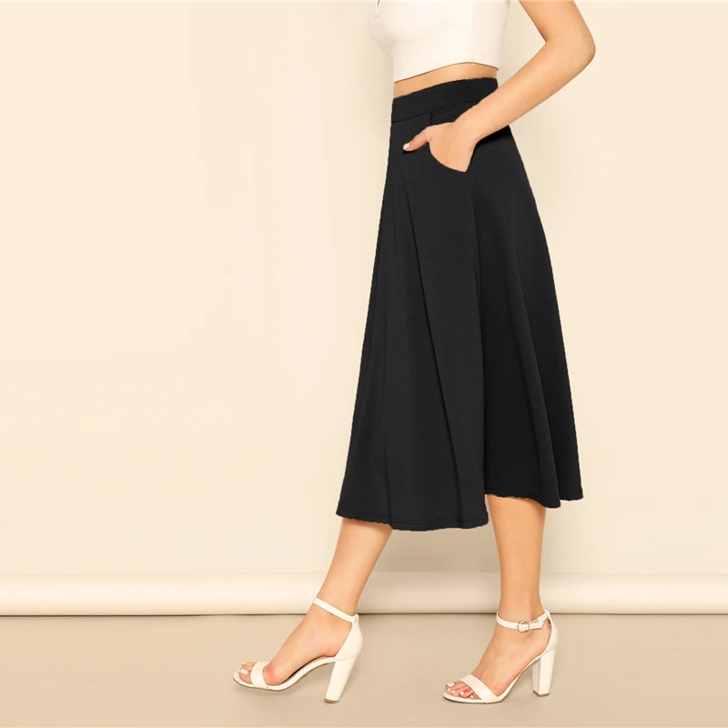 COLROVIE Solid Slant Pocket Swing Skirt Women High Waist Casual Long Skirt Autumn Fashion Elegant A Line Ladies Midi Skirts