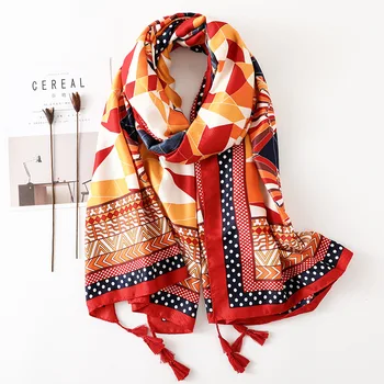

Summer Travel Sunscreen Shawl Orange Geometric Cotton Scarf Temperament Beach Sarong Wraps