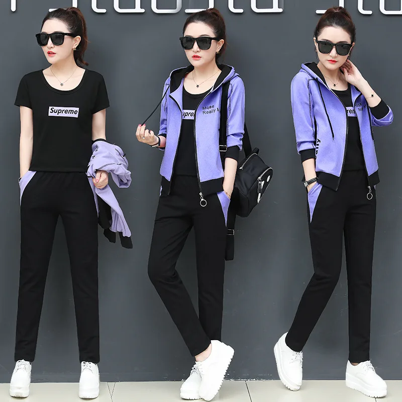 

2019 Spring And Autumn New Style Korean-style Trendy Letters Hooded Cardigan Sports Fashion Elegant Three-piece Set Fashion