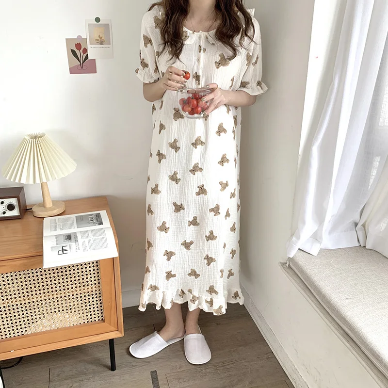 Bear Cartoon Print Summer Nightgown Korean Soft Cotton Long Sleepwear Short Sleeve Ruffles Nightdress Buttons Kawaii Homewear