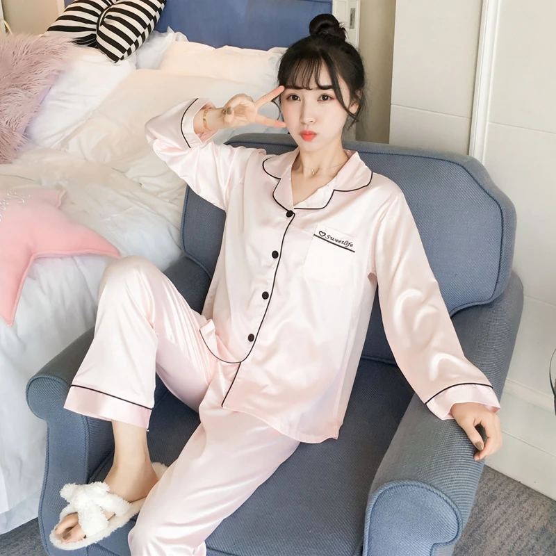 

Silk Satin Pajama Set for Women 2019 New Autumn Long Sleeve Homewear Pyjama Female Two Piece Set Loungewear Pijama Home Clothing