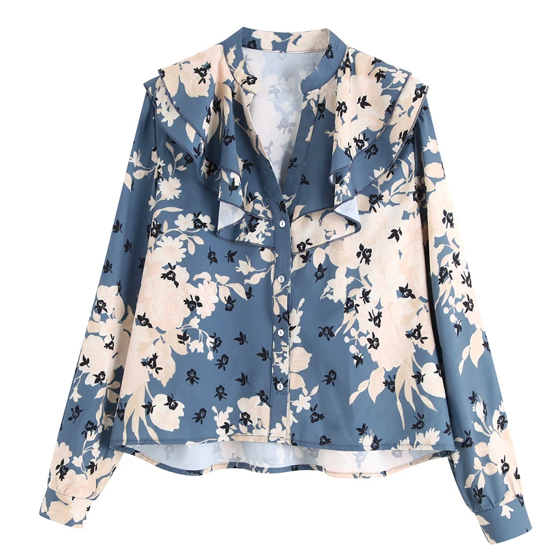 

RR Cascading Printed Blouses Women Fashion V Neck Shirts Women Elegant Buttons Long Sleeve Tops Female Ladies IB