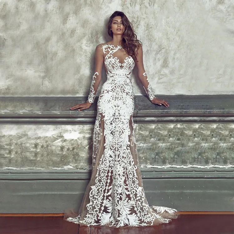 

New sexy elegant vintage women long sleeve cut-out perspective mesh embroidery flowers party banquet wedding dress wholesale