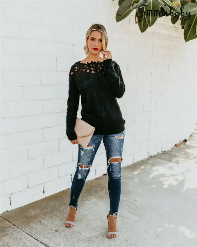 Sexy Black Lace Women Hollow Sweaters Long Sleeve Pullover Tops Sweater Ladies O Neck Jumper Hollow Out Knitwear