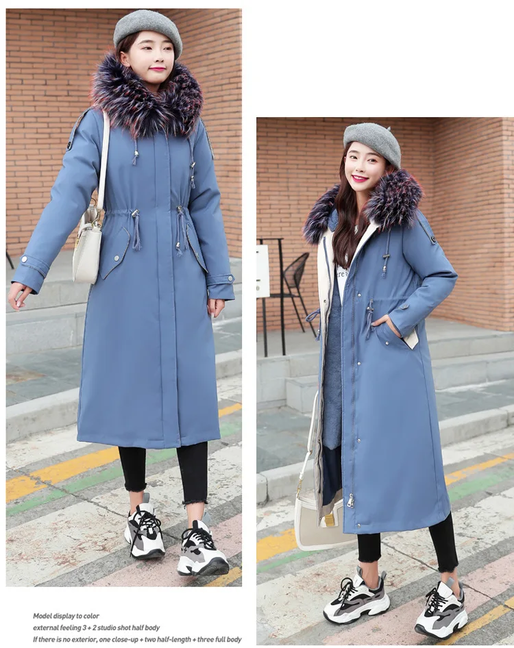 Winter New Style Thick plus Velvet Removable Shoulder over-the-Knee Long Hooded Large Fur Collar Women Coat Warm Cotton Coat
