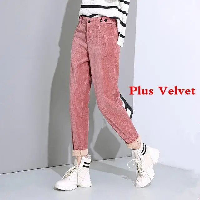 pink plus velvet Осенне-зимние вельветовые штаны-шаровары с высокой талией для женщин, большие размеры, свободные черные штаны, теплые длинные бархатные брюки, спортивные штаны - Цвет: pink plus velvet