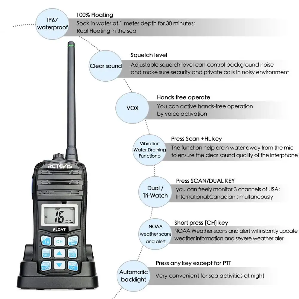 RETEVIS RT55 профессиональная морская радиостанция диапазона VHF поплавок Walkie Talkie Водонепроницаемый двухстороннее радио NOAA оповещение о погоде 5 Вт Морской VHF радио