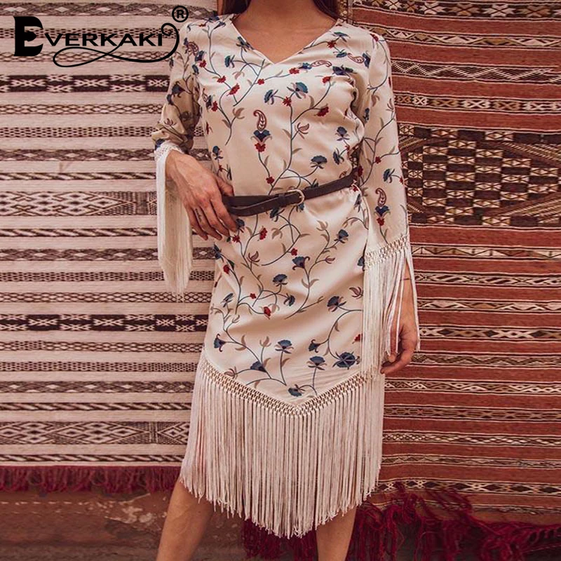 Everkaki мини платье для женщин с кисточками Boho Цветочный Принт осень длинный рукав