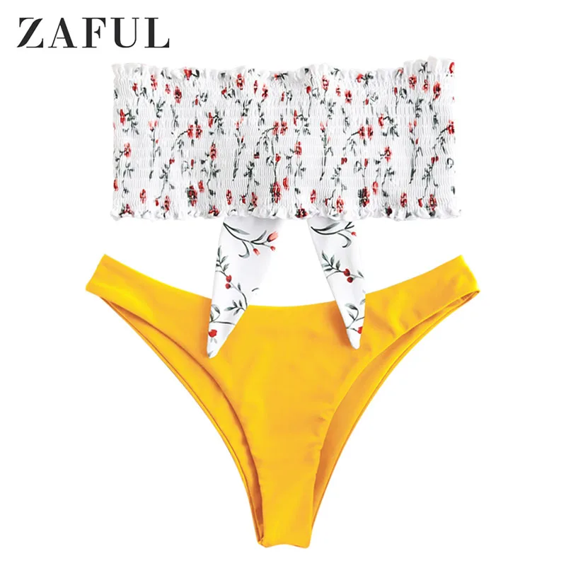 ZAFUL Бикини Растрепанный Растительный Принт Bandeau Bikini Set Женщины Без Бретелек Купальник Без Проводов Эластичный Купальник С Низкой Талией Без Подкладки - Цвет: Bright Yellow