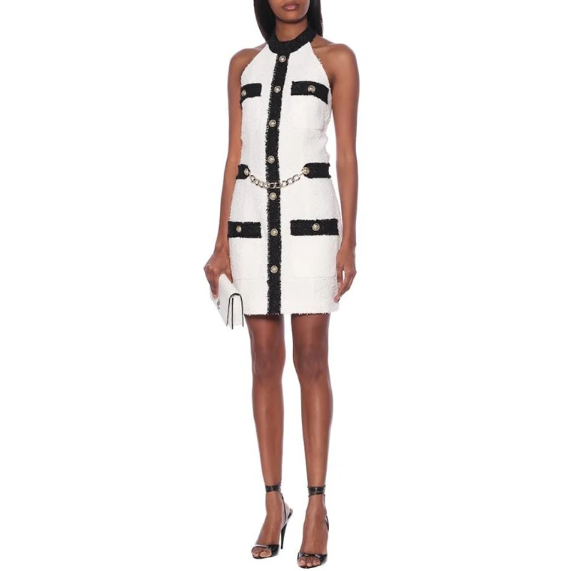 

HIGH QUALITY Newest Stylish Designer Dress Women's Color Block Patchwork Backless Halter Dress