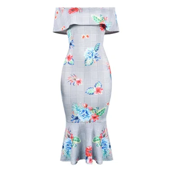 

Women Summer Plaid Floral Mermaid Dress Cold Shoulder Sleeveless Mid-Calf Elegant Party Dress Vintage Mermaid Cocktail Dress