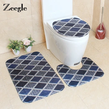

Zeegle 3pcs/set Bathroom Carpet Set Geometry Pattern Toilet Rugs Anti Slip Floor Rugs Lid Toilet Cover Bath Mats Foot Pads