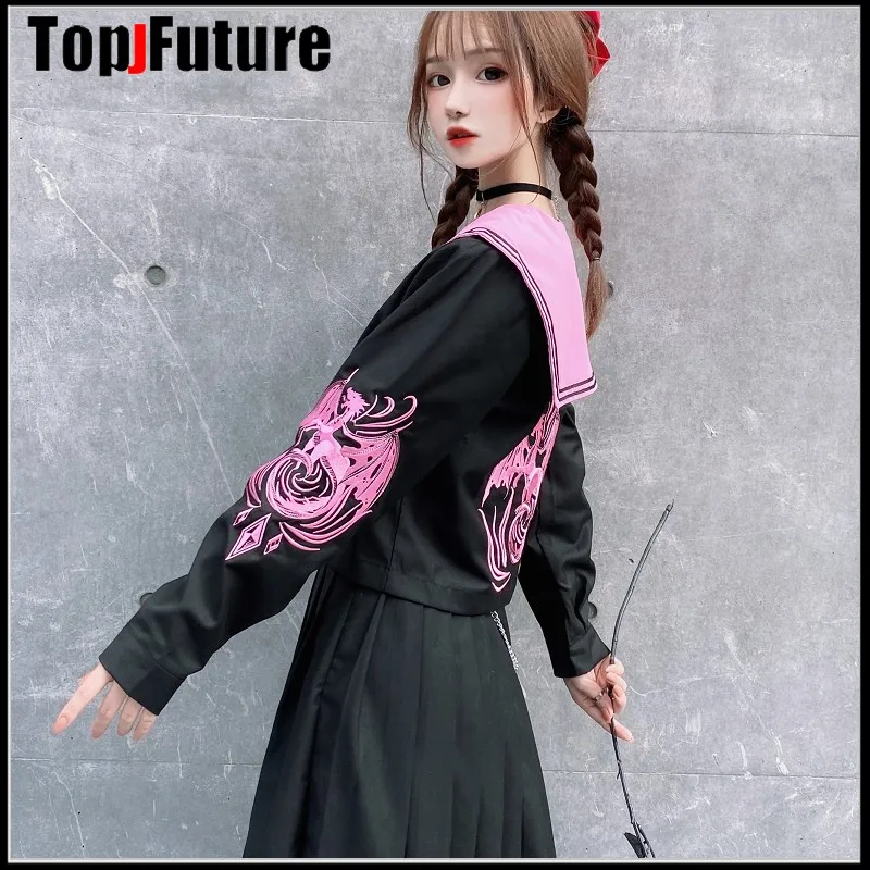 

Dragon hunting embroidery dragon black two bad girl uniform college JK sailor summer suit PINK COLLAR full suit