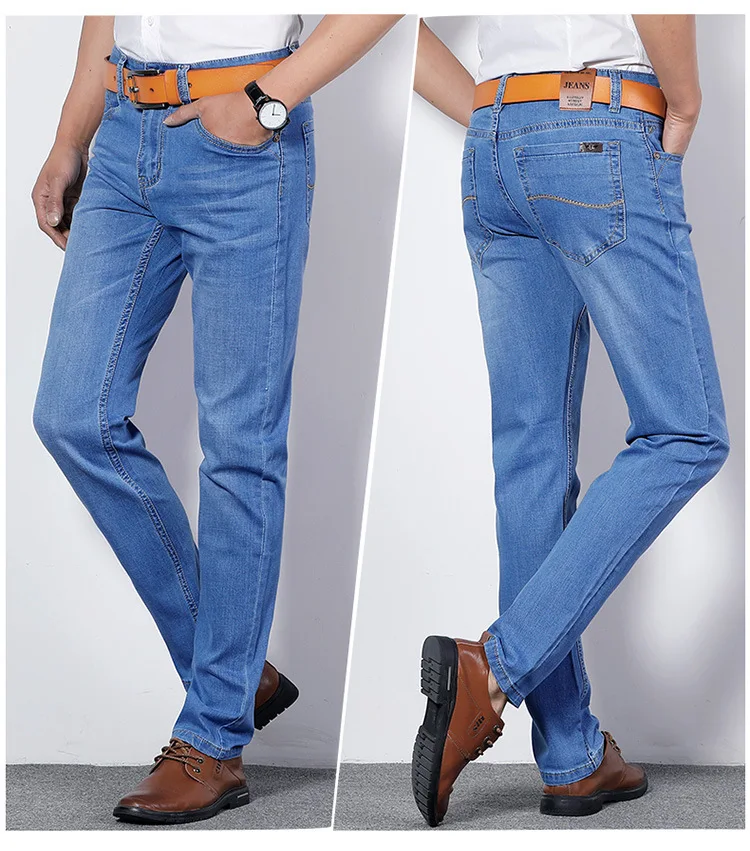 Buy 2019 Summer New Men blue/Light Jeans Business Casual Stretch Slim Denim Jeans Light Blue Trousers Male Brand Pants Plus Size