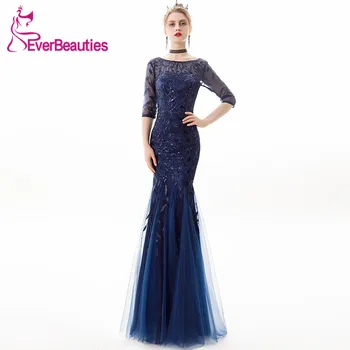 

Robe De Soiree Mermaid Evening Dress Long 2020 Tulle with Sequins Half Sleeves Formal Dress