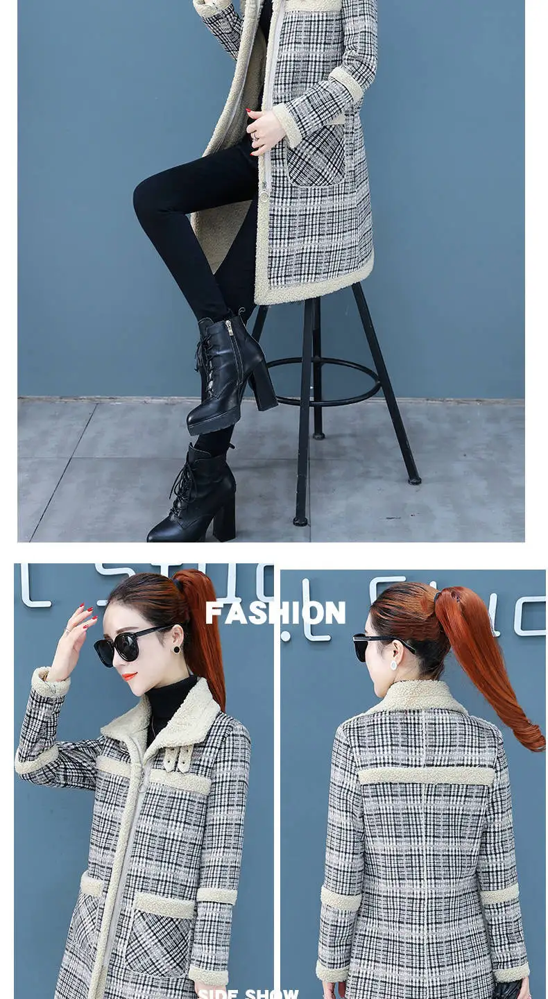 New Winter Lamb Wool Woolen Coat Thick Plus Velvet Warm Cotton Coat Women Long Grid Parker Overcoat Quilted Jacket Trench Coats