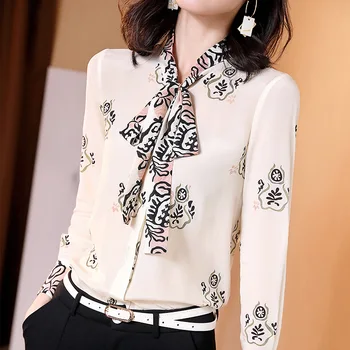 

Silk Blouse Women's 2020 Spring And Summer New Retro Printing Stand Collar Bow Long Sleeve Tops Female S-XL